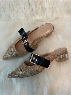Rowan Reed- Gold Snake Pointed Mules with Black Buckle -Sz7